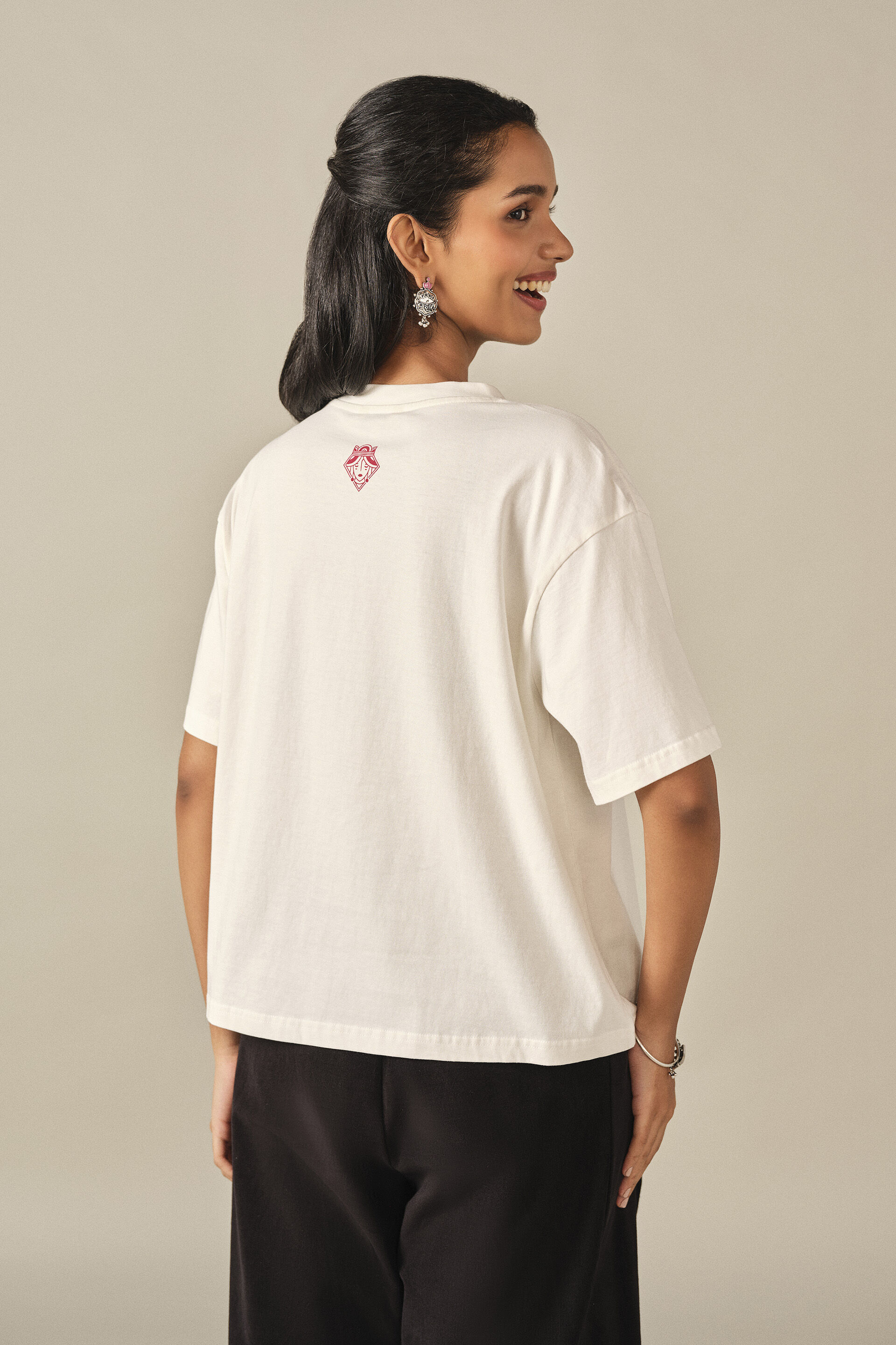 Printed Cotton T-shirt in Off White, Off White, image 6